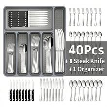 24/48pcs Stainless Steel Silverware Sets  With Organizer For 4/8 Person,Includes Knife Spoon And Fork Eating Utensils Set For Kitchen Flatware Sets With Steak Knives,Cutlery Sets For Kitchens, Parties, Banquets, And Restaurants, Tableware Dishwasher - Nhiều màu - Xem 3