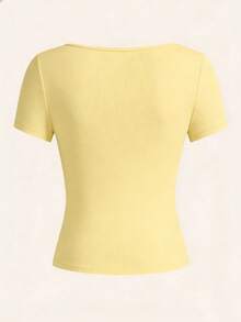 Top court à col en V profond, style streetwear sexy Y2K pour femmes. T-shirt en tissu extensible noir, convient pour la boîte de nuit, les fêtes, les festivals de musique et le style de rue décontracté en été - Jaune citron - Voir 3