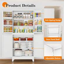 74.8" Tall Metal Food Cabinet, White Kitchen Pantry Cabinet, Storage Cabinets With 4 Door And 4 Adjustable Shelves, Steel Freestanding Cupboard For Kitchen Dining Room Living Room Bathroom - trắng - Xem 4