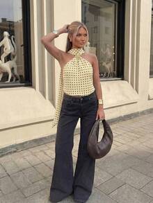 HoloChill 女士休闲撞色波点无袖吊带上衣，夏季新款金属花朵装饰荷叶边下摆网纱罩衫，女士夏季套装，派对/海滩/假日服装 - 杏色 - 查看 7