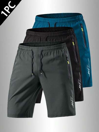 Men's Loose Fit Quick-Dry Sports Shorts, Single Pack, Featuring Reflective Stripes Design, With Pockets, Zipper, And Drawstring Waist, Suitable For Gym, Running And Outdoor Activities