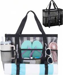 WANDF Mesh Beach Bag Women, Large Beach Tote Bags With 40oz Tumbler Side Pockets, Family Pool Bag Swim Toys Towels Cruise Vacation Essentials (Purple) |   Breathable - 黑色 - 查看 11