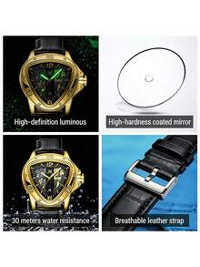 1pc Men's Gold Sports Triangle Hollow Automatic Mechanical Watch, Luminous Hands, Rubber Strap, Fashion Business Men's Watch Gift - Gold - View 7