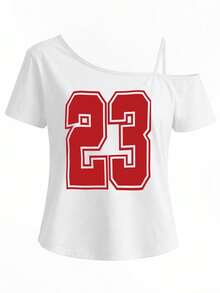 Spaghetti Strap Top, One-Shoulder Short-Sleeve T-Shirt, Number 23, Sports Number Print Fashion Top, Slanted Shoulder Strap, Sexy Off-Shoulder Fashion Outfit, Casual And Comfortable. New Summer Collection - 白色 - 查看 1
