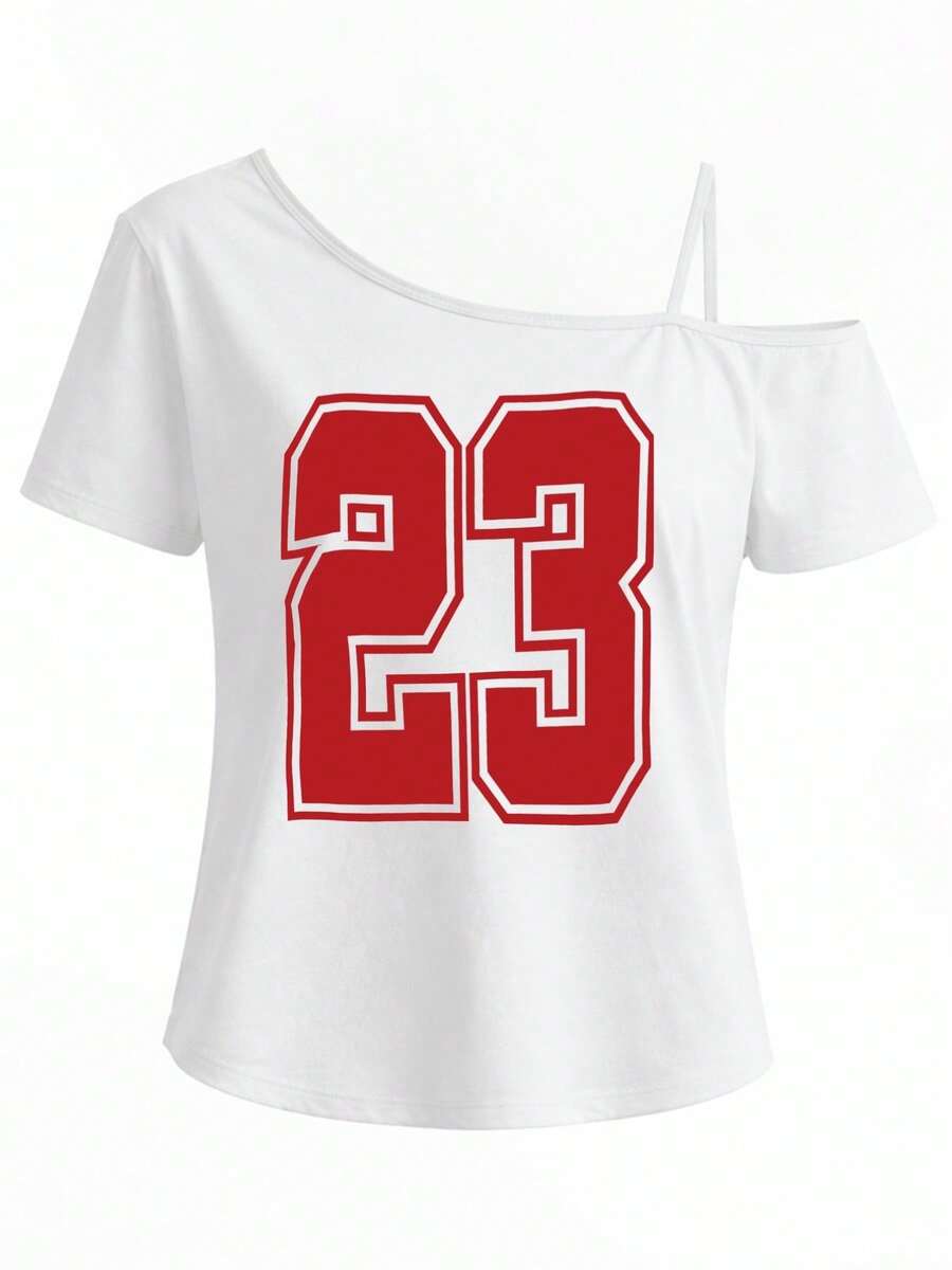Spaghetti Strap Top, One-Shoulder Short-Sleeve T-Shirt, Number 23, Sports Number Print Fashion Top, Slanted Shoulder Strap, Sexy Off-Shoulder Fashion Outfit, Casual And Comfortable. New Summer Collection - 白色 - 查看 1