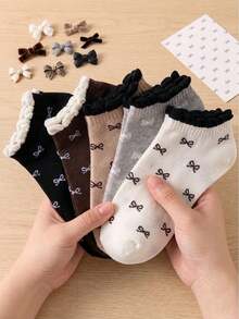 1/5 Pairs Women Breathable Cute Bow Pattern Casual Short Socks, Suitable For Daily Wear And Outings, All Seasons - Multicolor - View 4