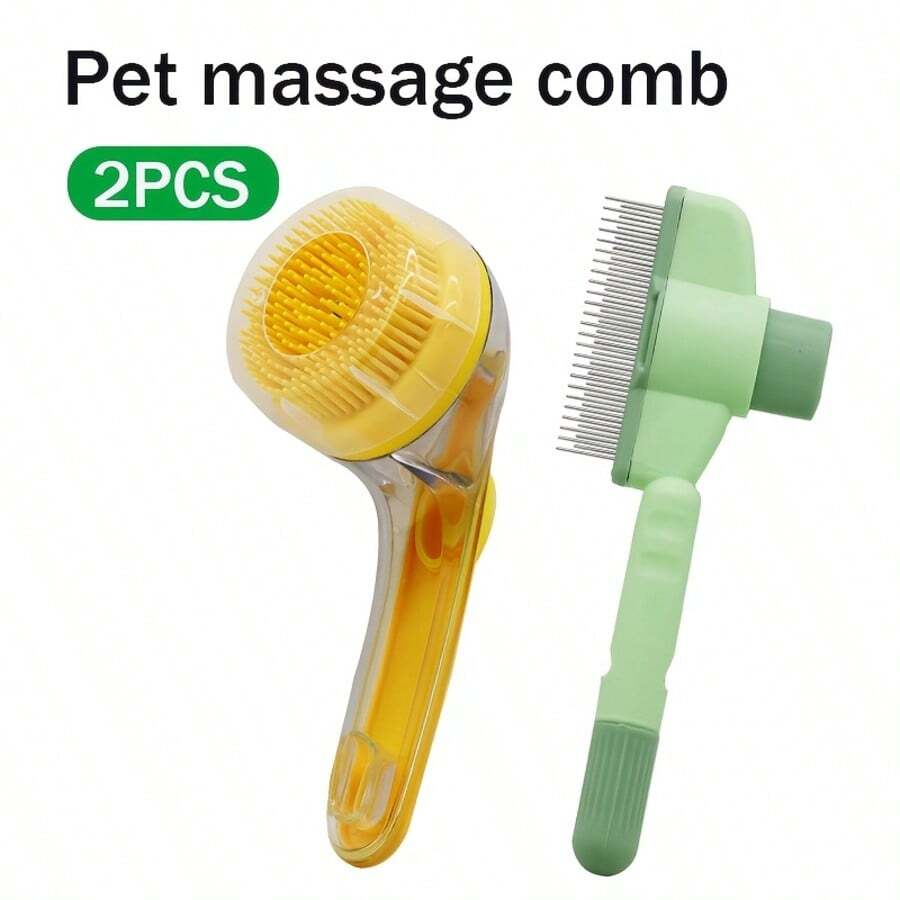 2件套宠物美容套装：犬/猫用梳毛刷 + 内置洗发水分配器沐浴刷，干湿两用清洁护理，按压式液体分配器，长柄软毛刷，按摩刷