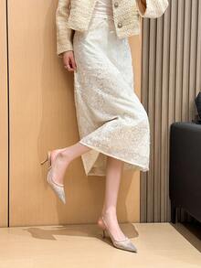 Xin Jing Shoes 新款春夏女士高跟凉鞋,时尚百搭尖头网纱镶钻婚礼派对镂空细高跟鞋 - 卡其色 - 查看 8