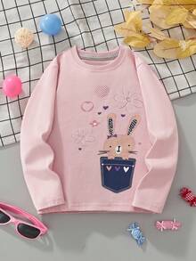 Áo thun dài tay cho bé gái lễ Phục sinh, họa tiết thỏ hoạt hình và hoa, áo thun thường ngày thời trang cho mùa thu - Bụi hồng - Xem 1