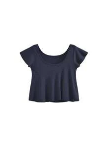 Áo thun tay ngắn cổ chữ U bèo nhún, thiết kế Hàn Quốc, dáng rộng, kiểu crop top đa năng cho mùa hè năng động. - màu xanh hải quân - Xem 7