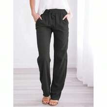 Women Cotton Linen Drawstring Pants Elastic Waist Casual Solid Color Trousers Baggy Loose Straight Leg Breathable Sweatpants - Hải quân - Xem 11
