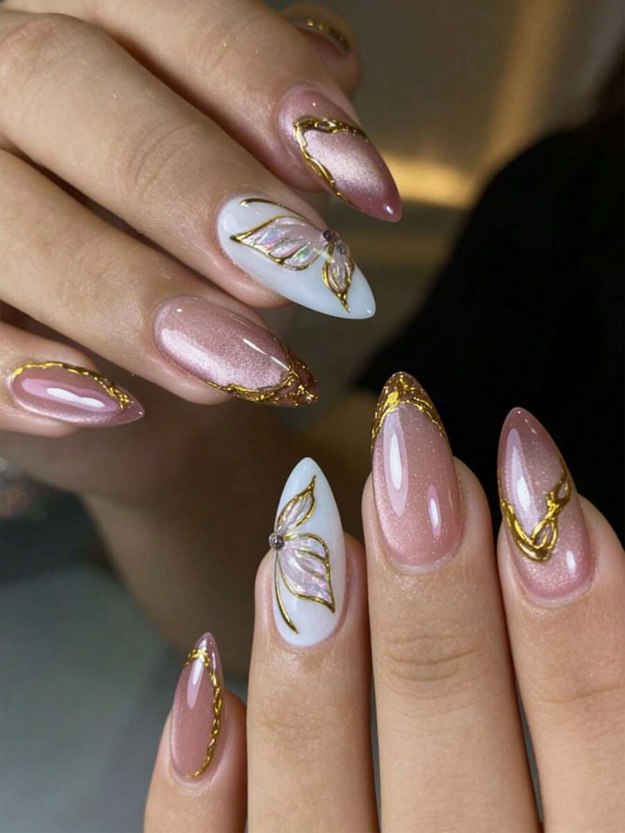 10pcs 3D Medium Almond Gradient Embossed Nail Stickers, Floral, Lemon Pattern, Full Coverage Fashion Design False Nails For Women & Girls, Daily Wear