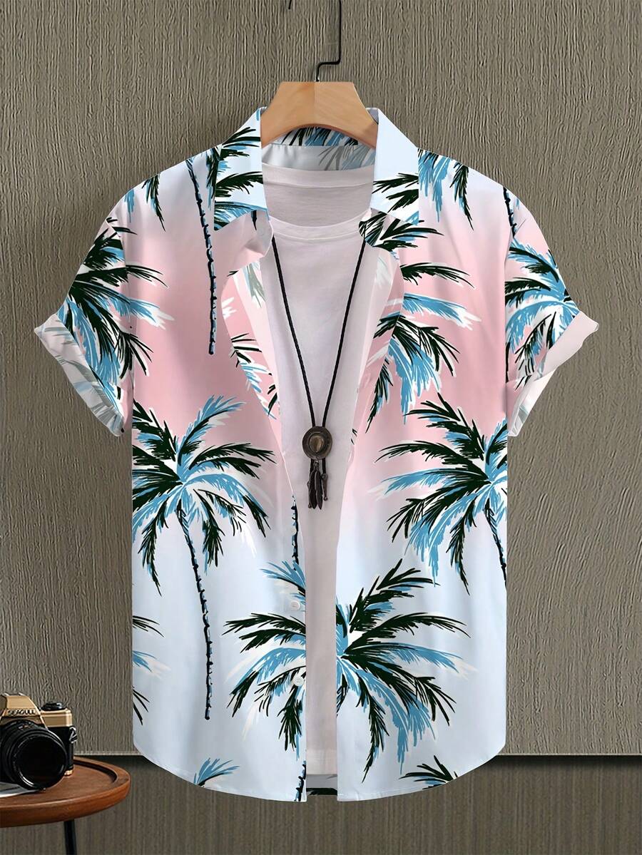 Palm 3D Printed Shirt Mens Blue Green Palms Over Soft Pink Horizon Portray Dawn By The Shore Meaning Peace And Sunny Freedom And Vitality - trắng - Xem 1
