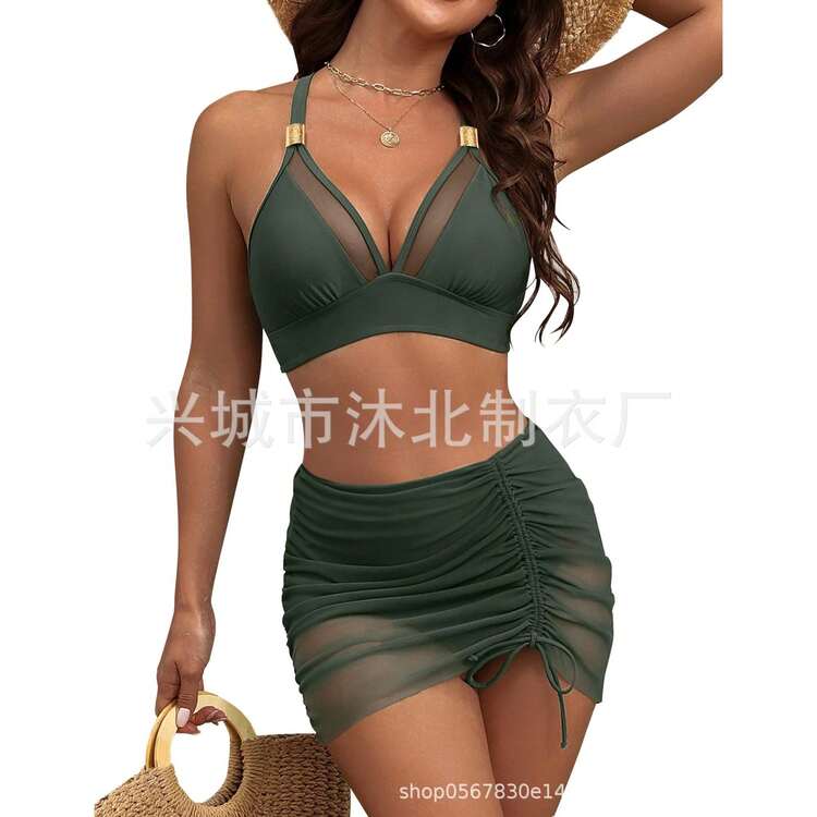 2026 European American Style Solid Color High Waist Mesh Swimwear, Fashion Sexy Bathing Suit - xanh quân đội - Xem 7