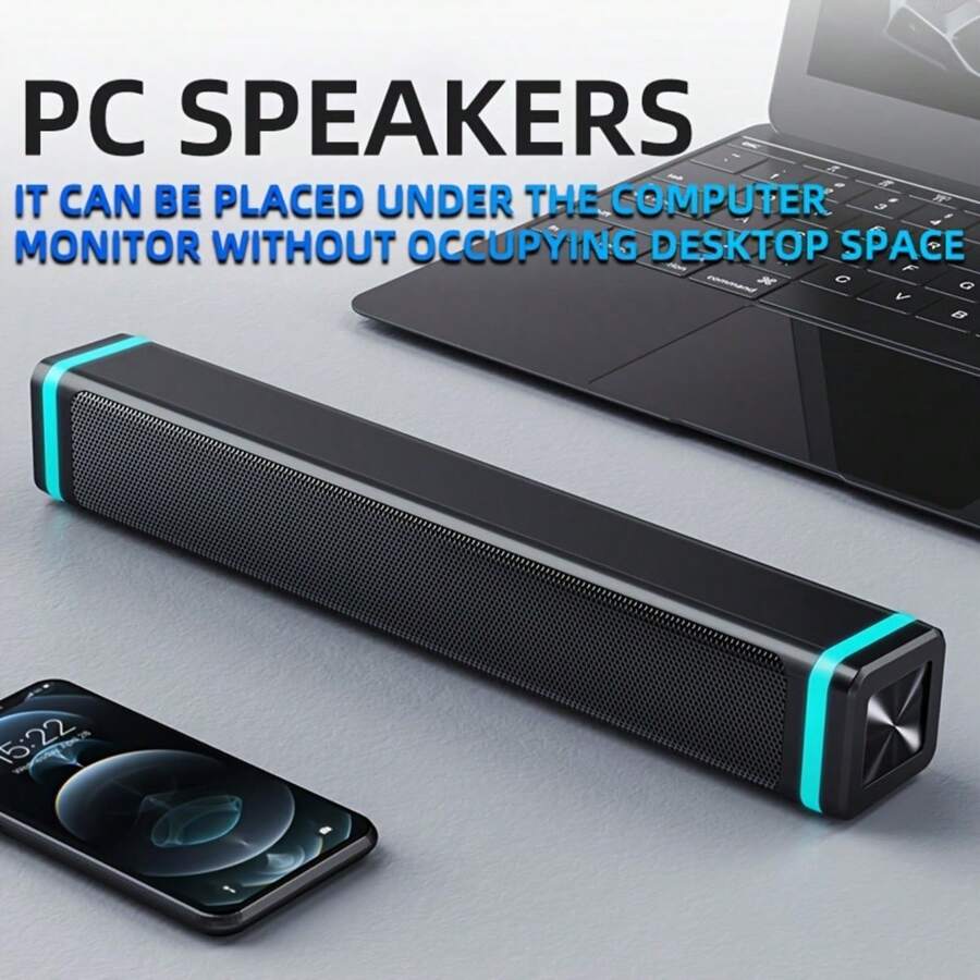 USB供电电脑音箱条，USB供电有线立体声2.0声道音频，适用于PC、笔记本电脑、平板电脑、游戏机、MP3/MP4播放器、智能手机桌面音箱，带3.5mm音频接口和LED灯。 - 查看 1