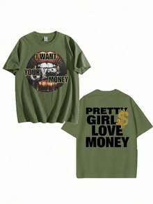 Fly "I Want Your Money" Hip-Hop Flow T-Shirt Pure Cotton Double-Sided Printed T-Shirt, Suitable For Men And Women,Top Pick Gift For Summer Casual Tees - 綠色 - 查看 2