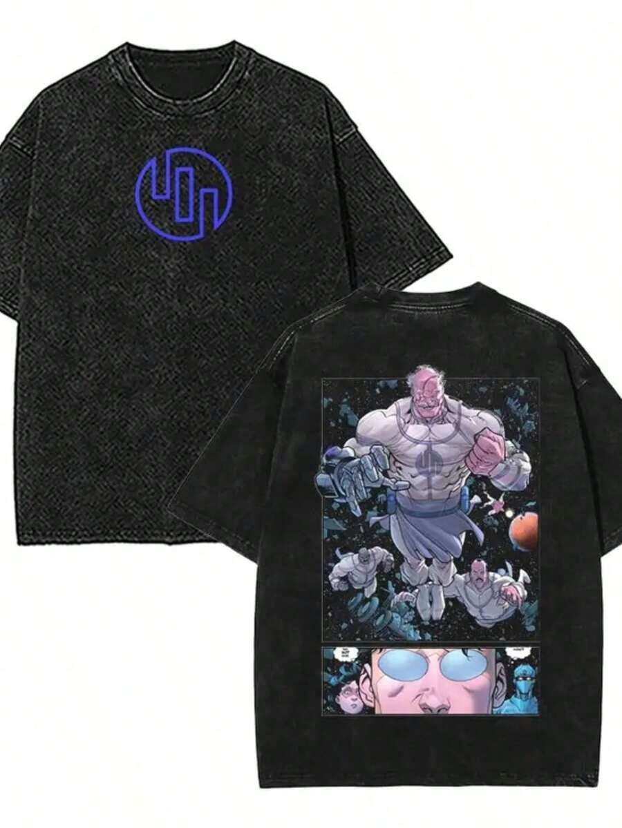 Invincible War 2 Face Washed T-Shirt, Comic Sweatshirt, Hoodie, T-Shirt, TV Show Comic Shirt Men's Topsummer Outfits For Womenanime Shirt - 黑色 - 查看 1