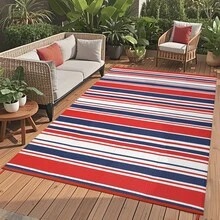 Striped Outdoor Area Rug, Waterproof Outdoor Rug,Reversible Outdoor Rugs, Patio Plastic UV Resistant Garden Rug, Plastic Straw Rug With Portable Bag For Front Door, Kitchen, Entryway, Patio, Porch - Rojo brillante/azul oscuro/blanco - 274 x 549 cm (9 x 18 pies) - Ver 6