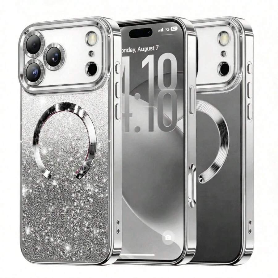 Hadaasi 1pc Silver Electroplated Magnetic Gradient Rhinestone Paper Brushed Space Case With Built-In Lens Protector Film, 2-In-1 Ultra-Thin Phone Case Compatible With Apple 17E/17Pro/17ProMax/Air/17/16Pro/16ProMax/16Plus/16/15Pro/15ProMax/15Plus/15/14Pro/14ProMax/14Plus/14/13Pro/13ProMax/13/12Pro/12ProMax/12/11ProMax/11/11Pro