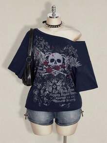 Colección verano 2026. Camiseta holgada mujer talla grande, estampado calavera y rosa gótico punk, estilo retro vanguardista. Tallas 3–7XL, apta otoño-invierno. Envío gratis 24h. - Azul marino - Ver 1