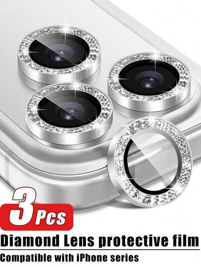 3片装相机镜头保护膜，闪光版 - 可爱少女风金属分体闪亮指环保护壳，适用于 17 Pro Max，9H钢化玻璃，银色