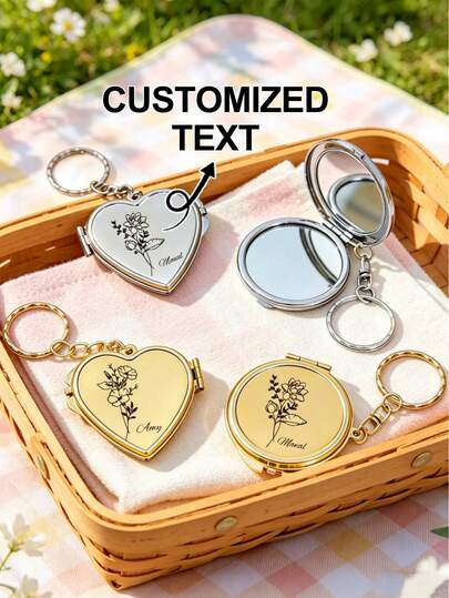 1 chiếc móc khóa gương trang điểm cầm tay cá nhân hóa, có thể khắc tên, món quà lý tưởng cho cô dâu/phù dâu/bạn gái/mẹ/bạn bè/giáo viên, phù hợp cho sinh nhật, kỷ niệm, đám cưới, ngày Valentine, hoạt động ngoài trời, kỳ nghỉ hè.
