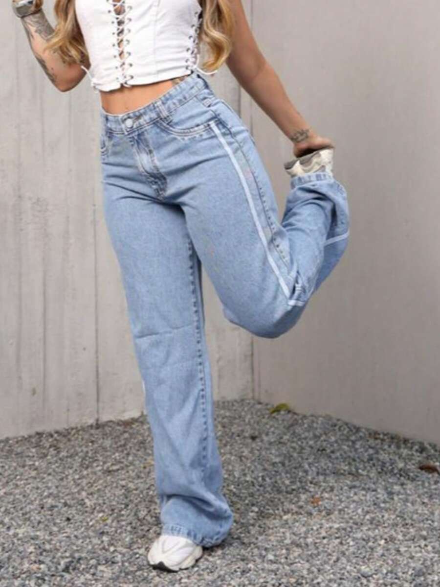 Women's Wide Leg Jeans, Premium Street Style With Light Side Stripe - 淺色水洗藍 - 查看 1