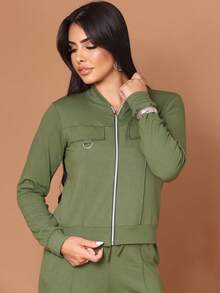 Wide-Leg Pants + Long-Sleeved Jacket In Cool, Lightweight Fleece Fabric For Winter 2026. Zipper. - 軍綠色 - 查看 4