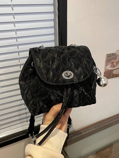 Ba lô da giả màu trơn, họa tiết hình thoi, dây đeo dạng xích dành cho nữ