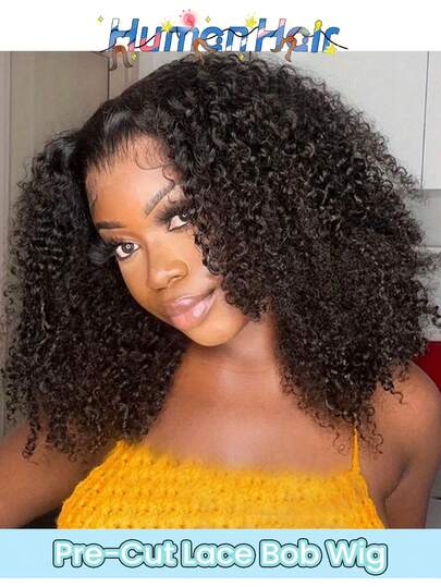 Pre-Cut 4x4 Glueless Lace Kinky Curly Bob Wig For Women 150% Density Remy Human Hair Lace Front Curly Wig Pre-Plucked Natural Hairline 4x4 Transparent Lace Front Short Bob Wig Natural Black Color Versatile Styling Options