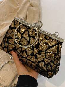 Túi xách cầm tay tròn đính sequin hình học lấp lánh với dây đeo kim loại, thích hợp cho tiệc tối, đám cưới, sinh nhật, hộp đêm, các dịp trang trọng, họp mặt và cuộc sống về đêm cuối tuần. - Vàng - Xem 5