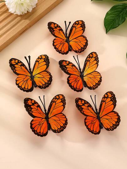 5pcs Women's Fashion Elegant Orange 3D Butterfly Hair Clips, Suitable For Daily, Spring/Summer, Vacation Decoration