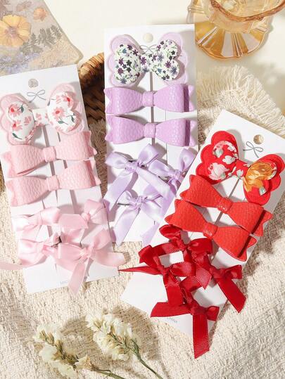 Set de 7 piezas de pasadores para el cabello con forma de corazón floral, con estampado de PU, estilo dulce de niña, adecuado para uso diario y sesiones de fotos