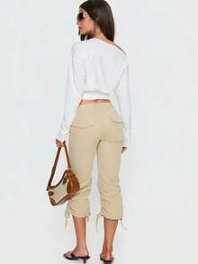 Black/Beige Low Rise Cargo Capri Pants, Y2k Drawstring Ruched Casual Cropped Pants, Vintage Streetwear Baggy Capris For Women - Khaki - View 4