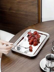 1pc Premium Modern Luxury Stainless Steel Square Fruit Plate, Minimalist Striped Edge Stainless Steel Snack Plate, Stainless Steel High-End Fruit Plate For Living Room, Suitable For Valentine's Day, Wedding, Outdoor Gathering, Living Room Tea Table, Holiday Party Decoration And Service Plate, Family Dinner Serving Plate, Available In 3 Sizes - Silver - View 6