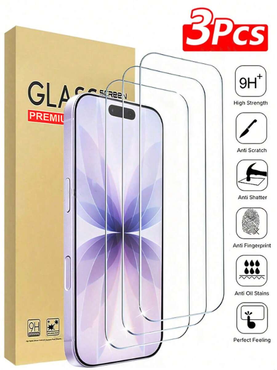 3 buah Pelindung Layar Kaca Tempered Definisi Tinggi, Untuk iPhone 17/17Pro/17Pro Max/16/15/14/13/12/11 Pro Max, Juga Untuk iPhone 7/8 Plus/X/XS Max/XR - Film Pelindung Kekerasan 9H, Definisi Tinggi Anti Gores
