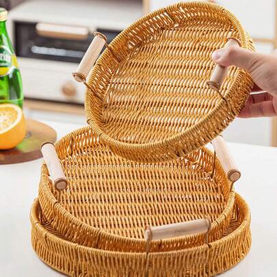 1pc Multi-Size PP Plastic Woven Storages Basket, Boho Lightweight Kitchen Organizer Bin For Fruit, Vegetable, Spice, Snack, Multi-Functional Countertop & Cabinet Storage Box For Home Kitchen Food Storage
