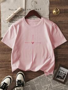 Women's Casual Short Sleeve Round Neck T-Shirt - Printed Pattern, Soft & Comfortable Fabric, Machine Washable, Summer Tops Pink - Pink - View 4