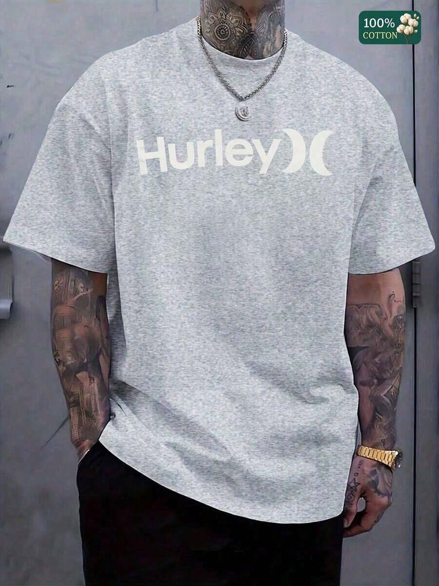 Men's Hurley Graphic T-Shirt - Navy Blue With White Logo Print, Vintage-Inspired Cotton Tee, Comfort & Fade-Resit Ink, For Beach Or Street Style-L88 - 灰色 - 查看 1