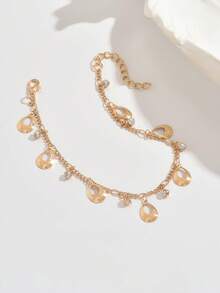 1pc Fashionable Bohemian Hollow Geometric Oval Disc Glass Rhinestone Tassel Anklet, Suitable For Summer Beach Vacation, Daily Casual Wear With Sandals Or Slippers - Gold - View 6