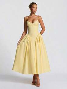 2026 Elegant Retro Tie-Up Party Dress, Spaghetti Strap Cocktail Dress, Party & Tea Dress Wedding Spring. - Yellow - View 8