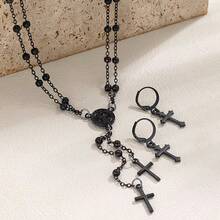 3 Pieces Of Minimalist Punk Style Alloy Multi-Layer Necklaces, Cross Necklaces, Earrings, Jesus Necklaces, Ear Studs, Religious Accessories. Jewelry Set. Suitable For Daily Commuting, Vacation, Party And Banquet Wear. As A Gift.,Summer,Jewellery,Festival,Accsesories - Black - View 2