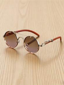 Gafas de moda de mujer con montura redonda de doble aro, con diseño de marco con relieve creativo y estampado de textura de madera, ideales para el uso diario y salidas casuales - Multicolor - Ver 5