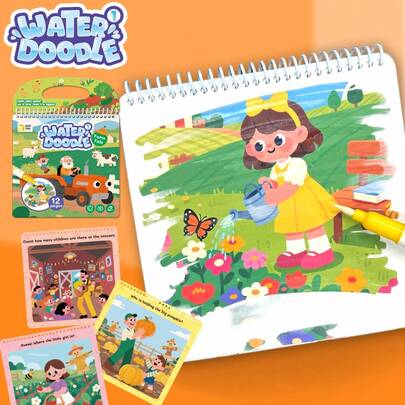 beartale 12页可重复使用的农场动物魔法水彩画书 - 可重复使用的水彩涂色书，适合儿童和幼儿，创意DIY绘画玩具，艺术绘画用品，教育绘画玩具，学校用品，返校季，儿童礼物，母亲节，儿童节