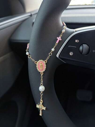 1pc Pink Pearl Cross Steering Wheel Rose Rosary Decor, Rose Rosary Car Pendant Ornament, Unique Fashion Car Decoration Accessory