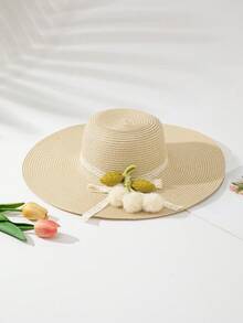 1 Hat And 1 Bag, Suitable For Vacation Wear - Pom-pom Flower Beige - View 4