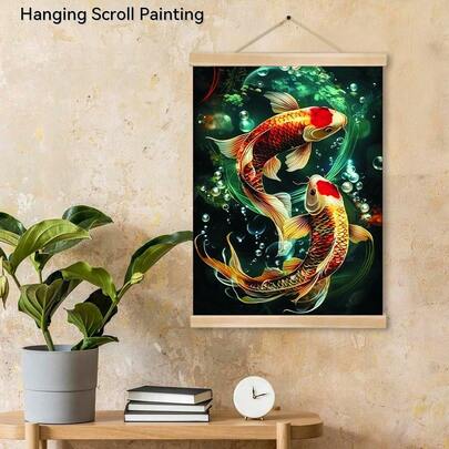 Tranh cuộn gỗ hình cá Koi treo tường, phong cách Trung Quốc "Vẻ đẹp trường tồn mỗi năm", trang trí nhà cửa, quán cà phê, phòng trà. Tranh cuộn gỗ chất lượng cao với hình ảnh sống động, màu sắc rực rỡ, kèm dây treo tiện lợi, chống biến dạng và phai màu.
