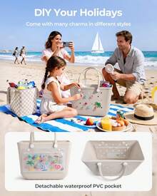 Bolsa de playa grande para mujer con enfriador, bolso de lona con dijes, bolso impermeable de vacaciones esenciales para piscina - Azul sencillo - Ver 6