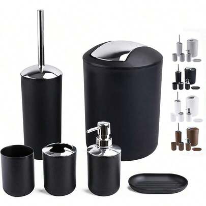 6件套浴室配件套装 - 塑料牙刷架、牙刷杯、皂液器和皂碟、马桶刷架、垃圾桶、带吸管的玻璃杯，颜色：棕色、白色、灰色、黑色