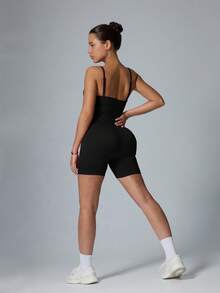 DINBEY Damen Sport-Yoga-Jumpsuit, einfarbiger minimalistischer Sport-Yoga-Jumpsuit, One-Shoulder-Träger Sport-Jumpsuit, Frühling/Sommer - Schwarz - Übersicht 7